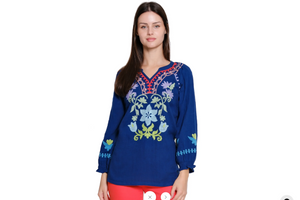 EMBROIDERED RAGLAN SLEEVE TOP - NAVY