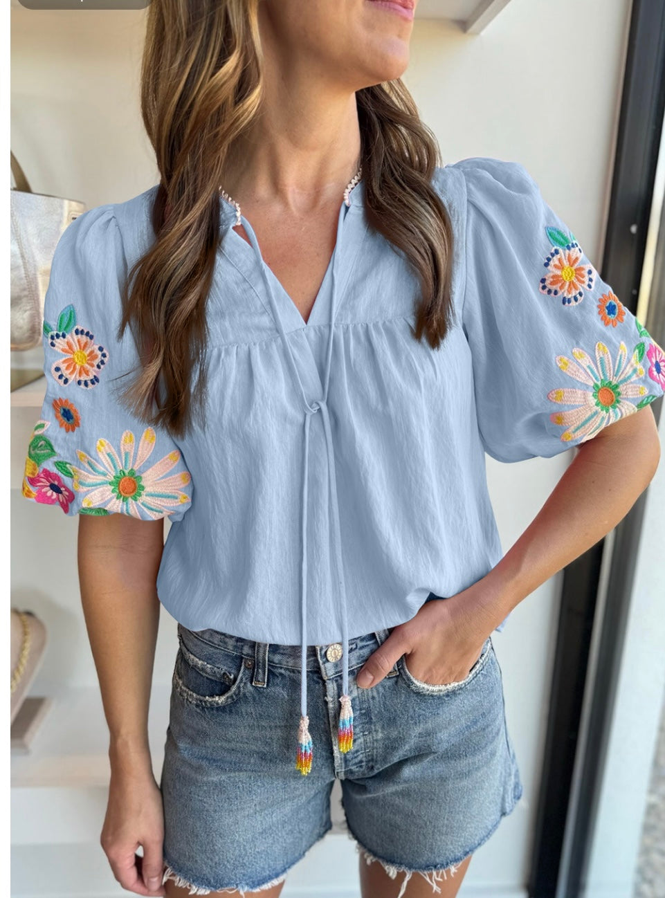 Blue Embroidery Puff Sleeve Top