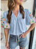Blue Embroidery Puff Sleeve Top