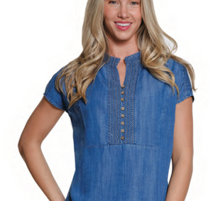 Split Neck Popover Top-Chambray