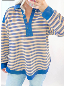 Blue Stripe Button V-Neck Top