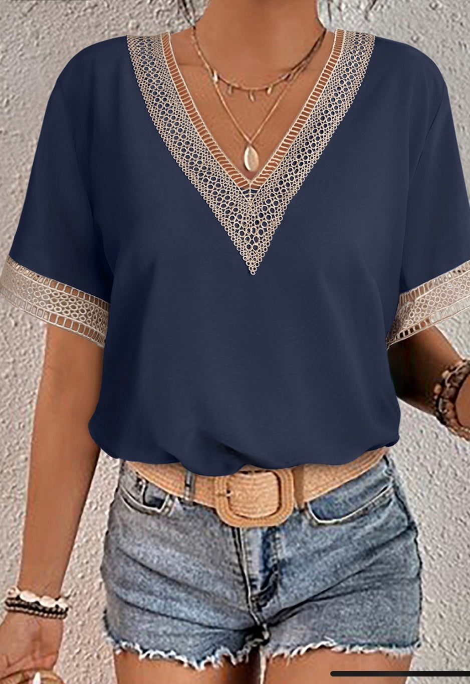 Blue Lace Trim Blouse