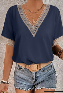 Blue Lace Trim Blouse