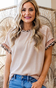 Leopard trim knit top