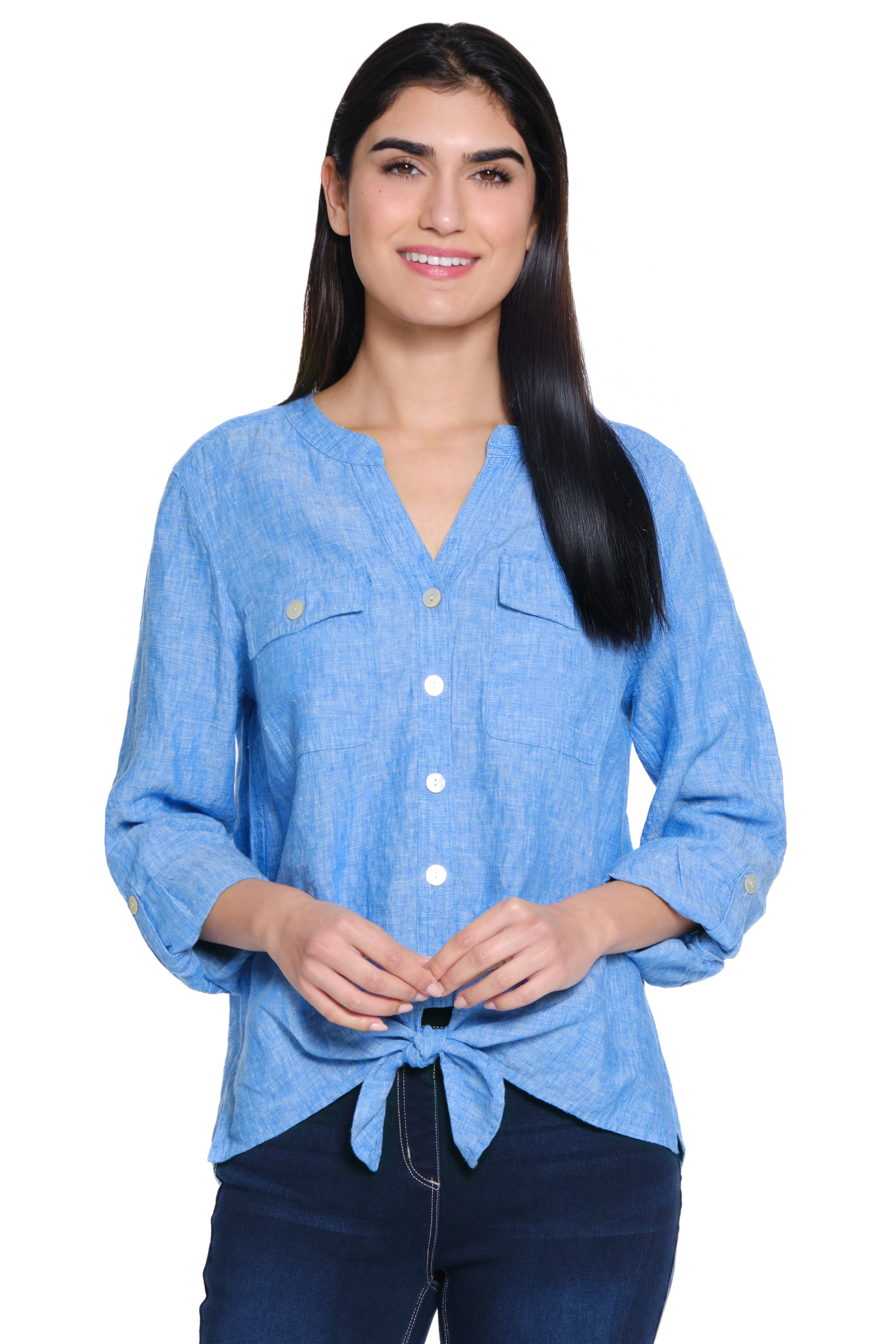 Front Tie Button Front Linen Blouse