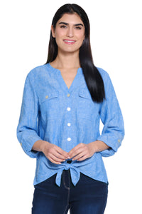 Front Tie Button Front Linen Blouse