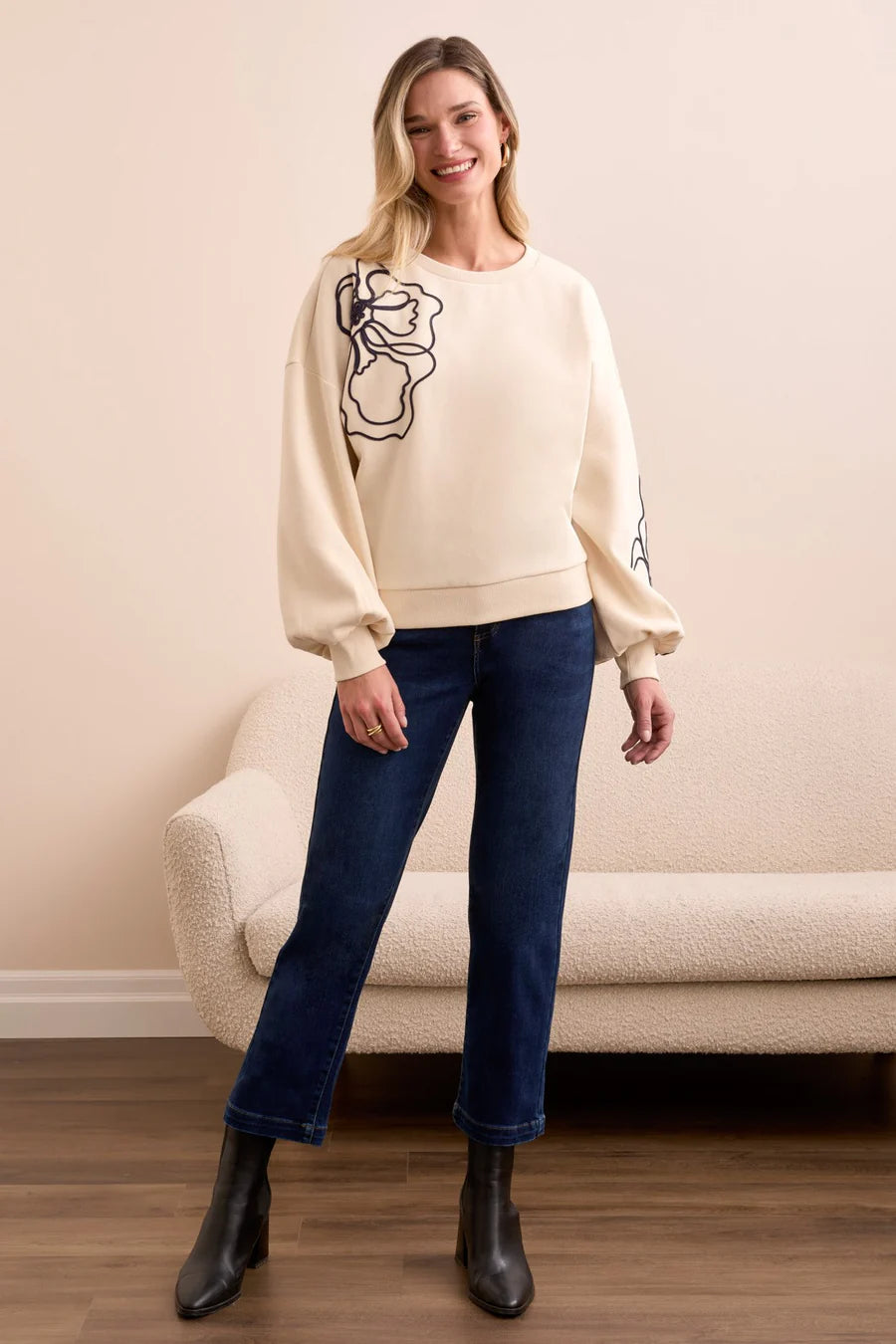 Embroidered Drop Shoulder Crew Neck Top