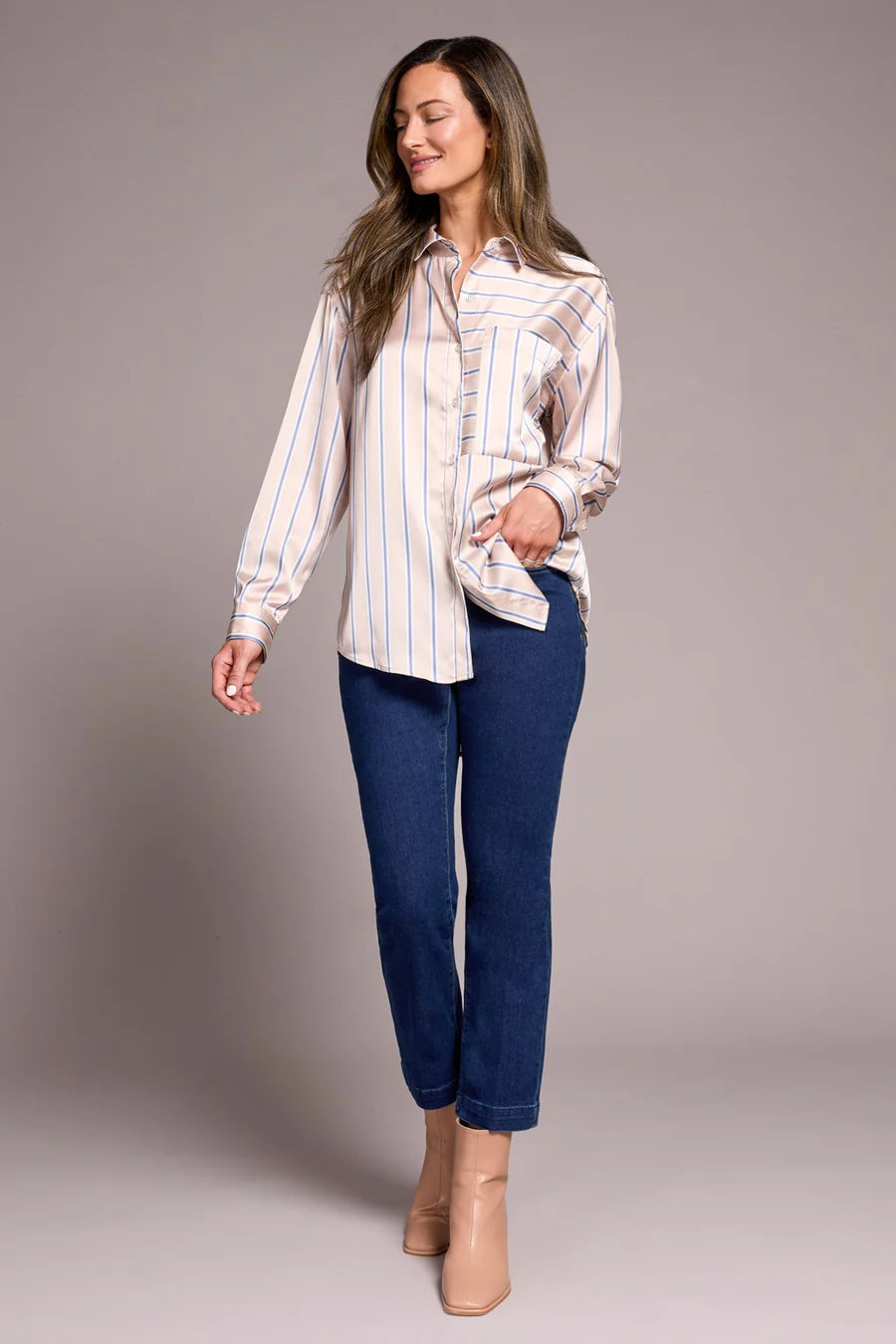 Printed Satin Collared Shirt-Beige